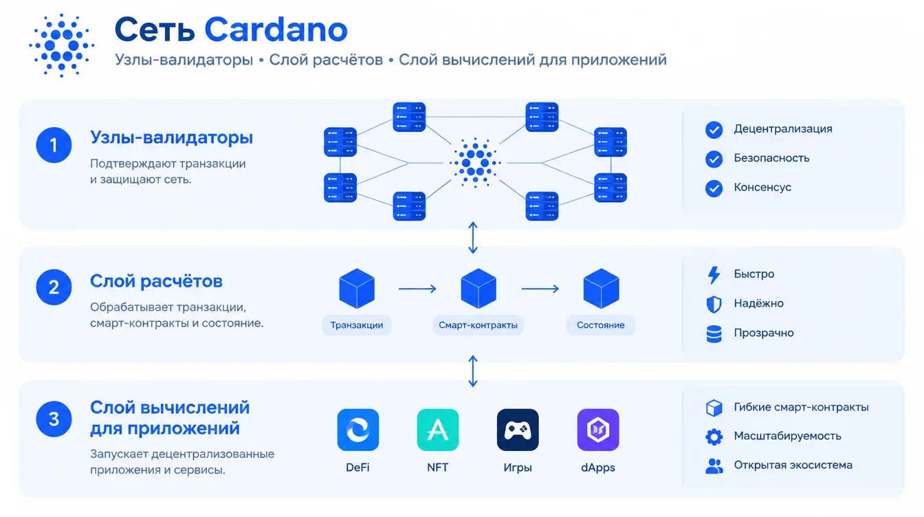 Схема: сеть Cardano с узлами-валидаторами, слоем расчётов и слоем вычислений для приложений