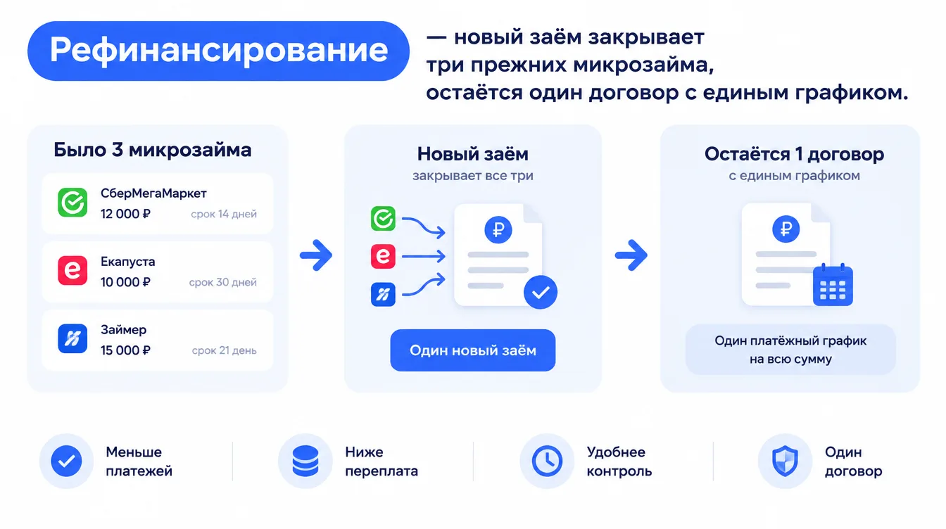 Схема: рефинансирование — новый заём закрывает три прежних микрозайма, остаётся один договор с единым графиком