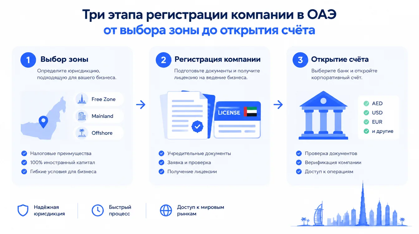 Схема: три этапа регистрации компании в ОАЭ от выбора зоны до открытия счёта