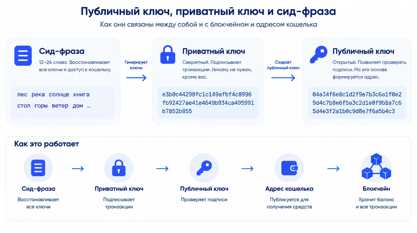 Схема: публичный ключ, приватный ключ и сид-фраза и связь каждого из них с блокчейном и адресом кошелька
