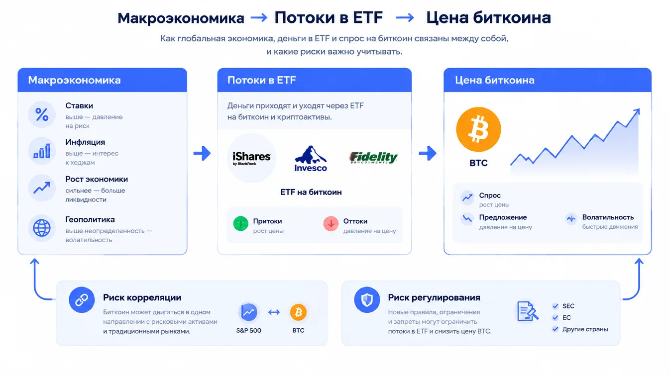Схема: связь макроэкономики, потоков в ETF и цены биткоина с обозначением рисков корреляции и регулирования