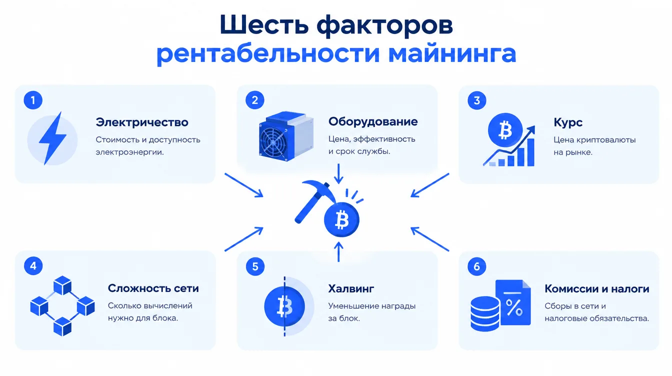 Схема: шесть факторов рентабельности майнинга — электричество, оборудование, курс, сложность сети, халвинг, комиссии и налоги