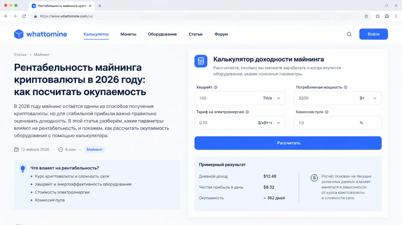 Скриншот: калькулятор доходности майнинга с полями хешрейта, потребляемой мощности, тарифа и комиссии пула