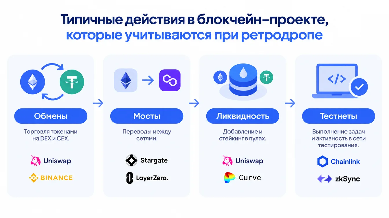 Инфографика: типичные действия в блокчейн-проекте, которые учитываются при ретродропе — обмены, мосты, ликвидность, тестнеты