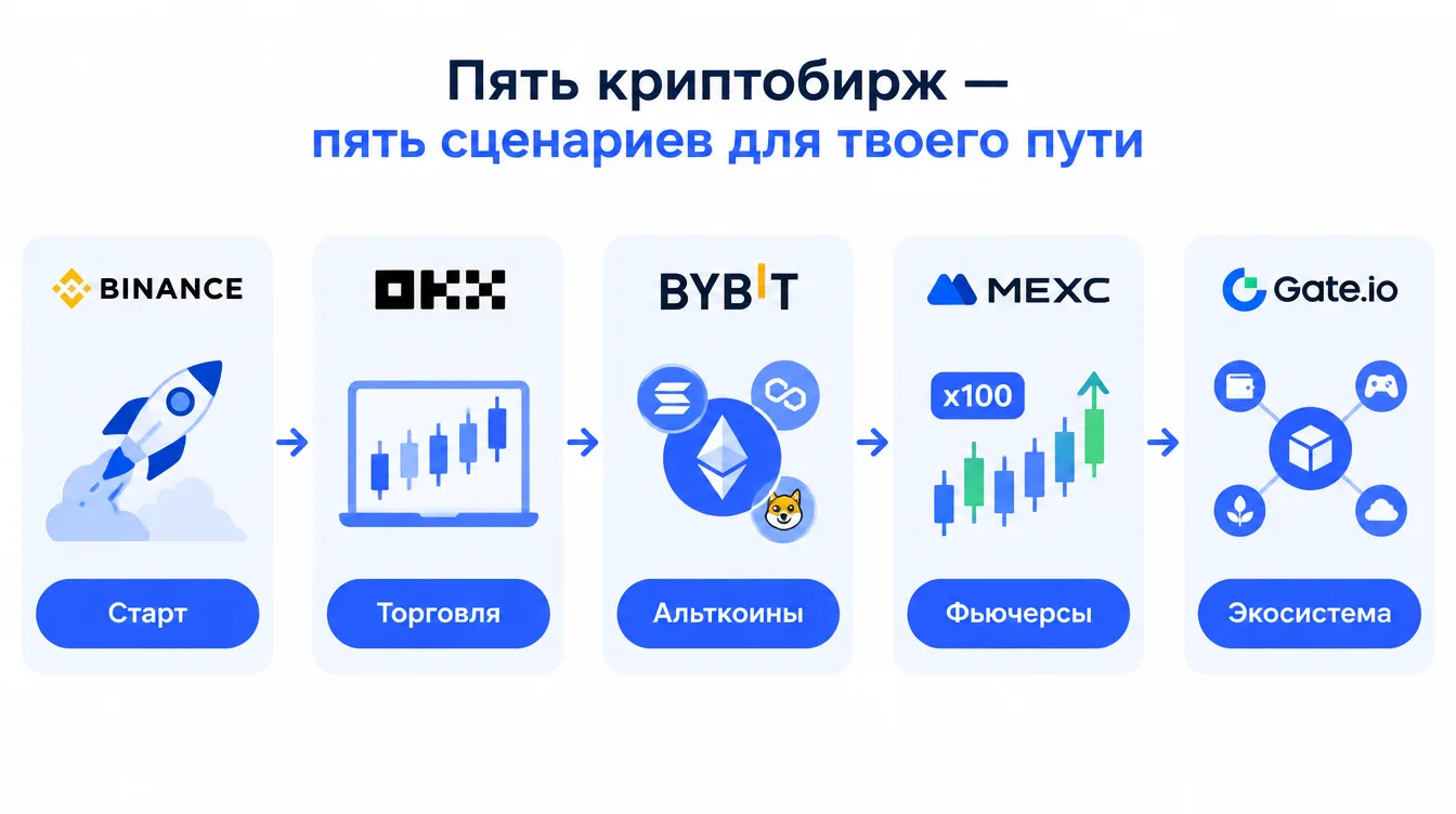 Инфографика: пять криптобирж в ряд с иконками сценариев — старт, торговля, альткоины, фьючерсы, экосистема