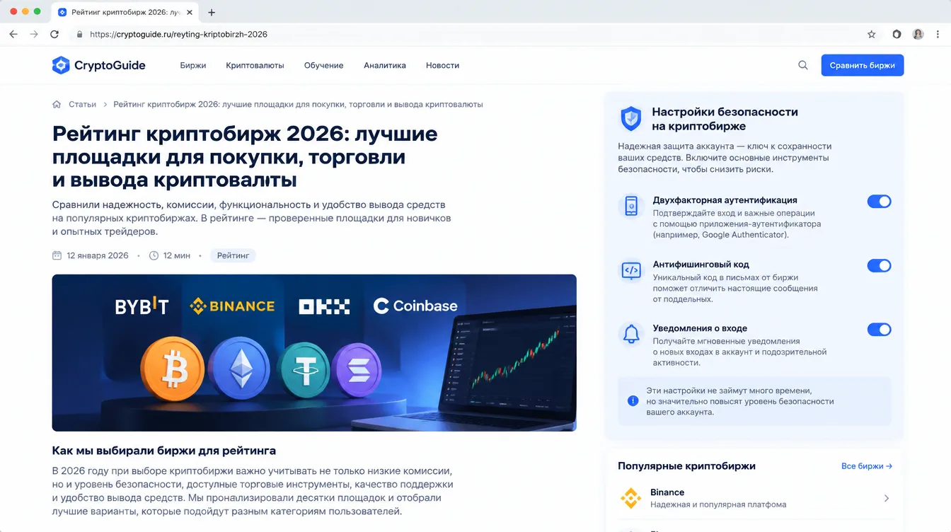 Скриншот: настройки безопасности на криптобирже — двухфакторная аутентификация, антифишинговый код, уведомления о входе