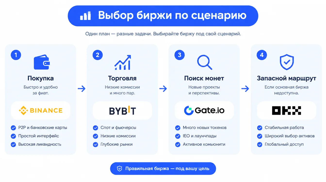 Схема: выбор биржи по сценарию — покупка, торговля, поиск монет, запасной маршрут