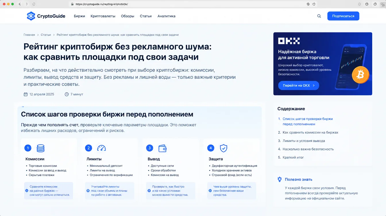Скриншот: список шагов проверки биржи перед пополнением — комиссии, лимиты, вывод, защита