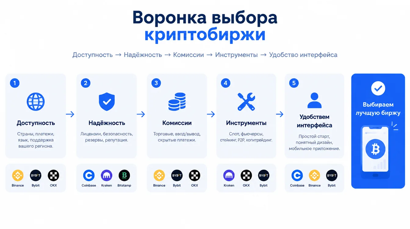 Схема: воронка выбора криптобиржи — доступность, надёжность, комиссии, инструменты, удобство интерфейса
