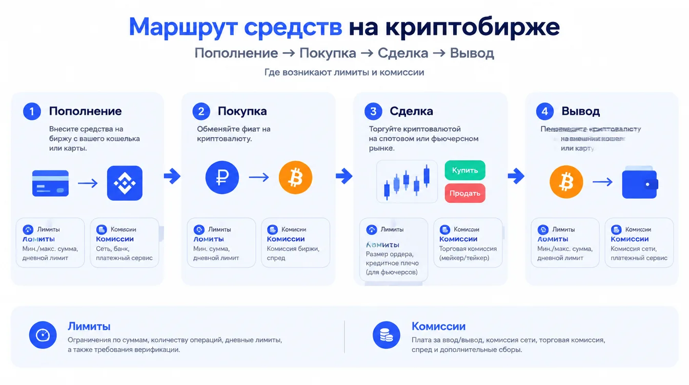 Схема: маршрут средств на криптобирже — пополнение, покупка, сделка, вывод — с отметками, где возникают лимиты и комиссии