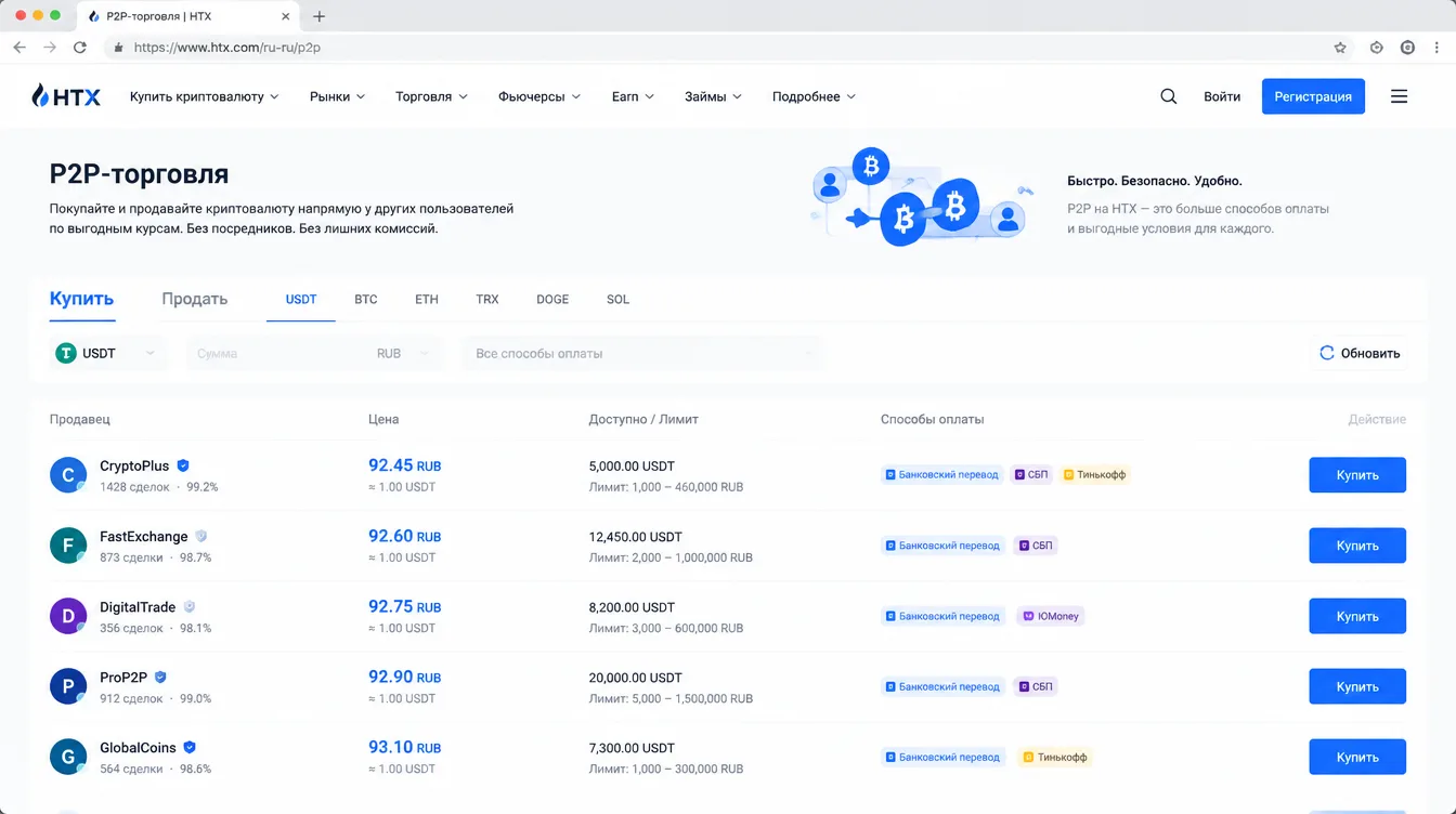 Скриншот: раздел P2P на криптобирже со списком предложений, лимитами продавцов и способами оплаты