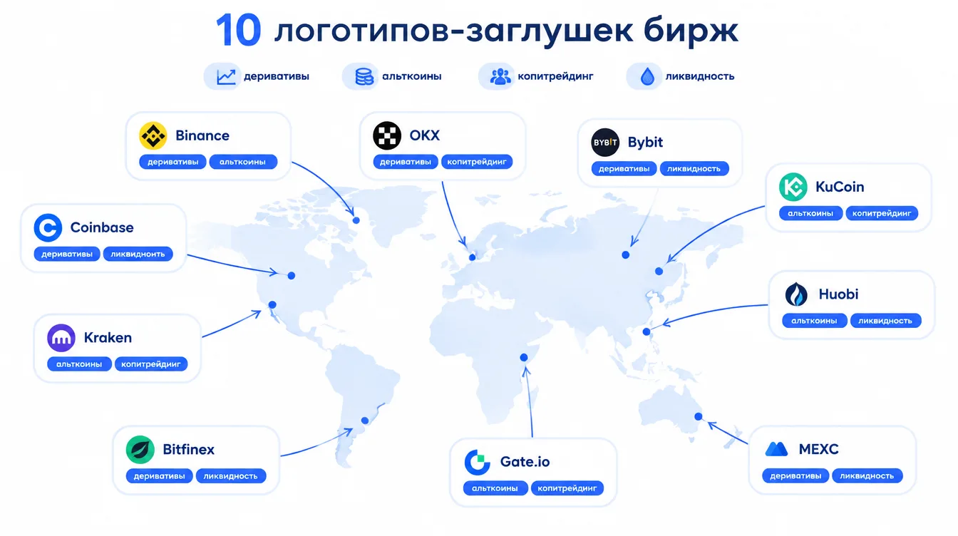 Инфографика: десять логотипов-заглушек бирж на карте с подписями «деривативы», «альткоины», «копитрейдинг», «ликвидность»