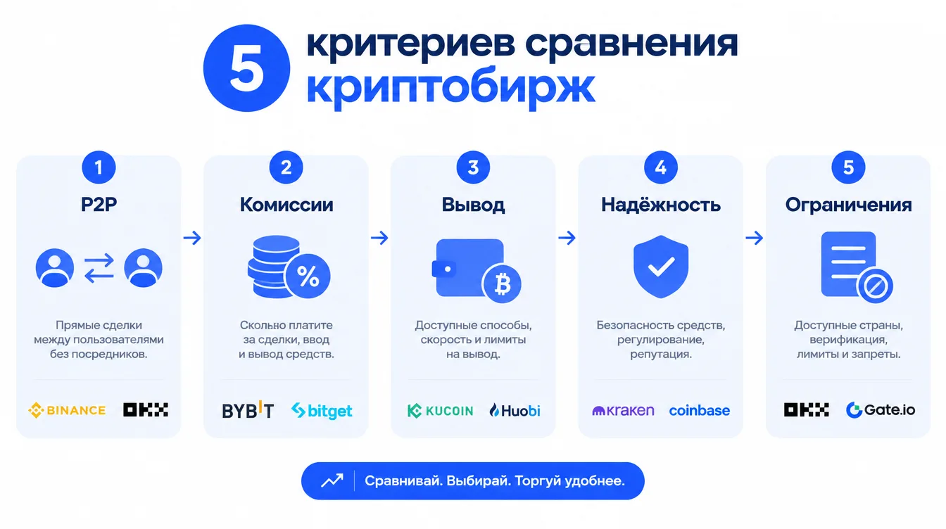 Схема: пять критериев сравнения криптобирж — P2P, комиссии, вывод, надёжность, ограничения