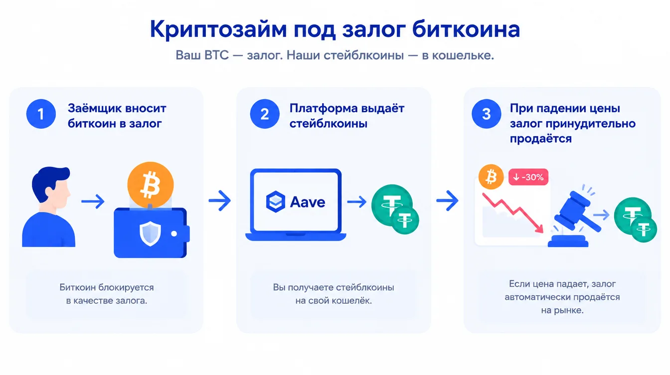 Схема: заёмщик вносит биткоин в залог, платформа выдаёт стейблкоины, при падении цены залог принудительно продаётся