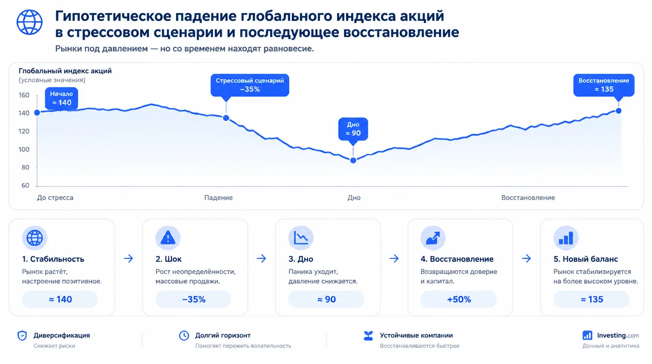 График: гипотетическое падение глобального индекса акций в стрессовом сценарии и последующее восстановление
