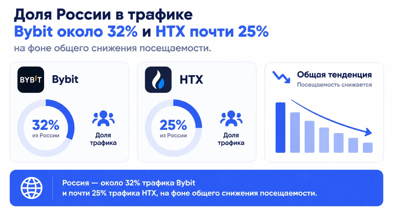 Диаграмма: доля России в трафике Bybit около 32% и HTX почти 25% на фоне общего снижения посещаемости