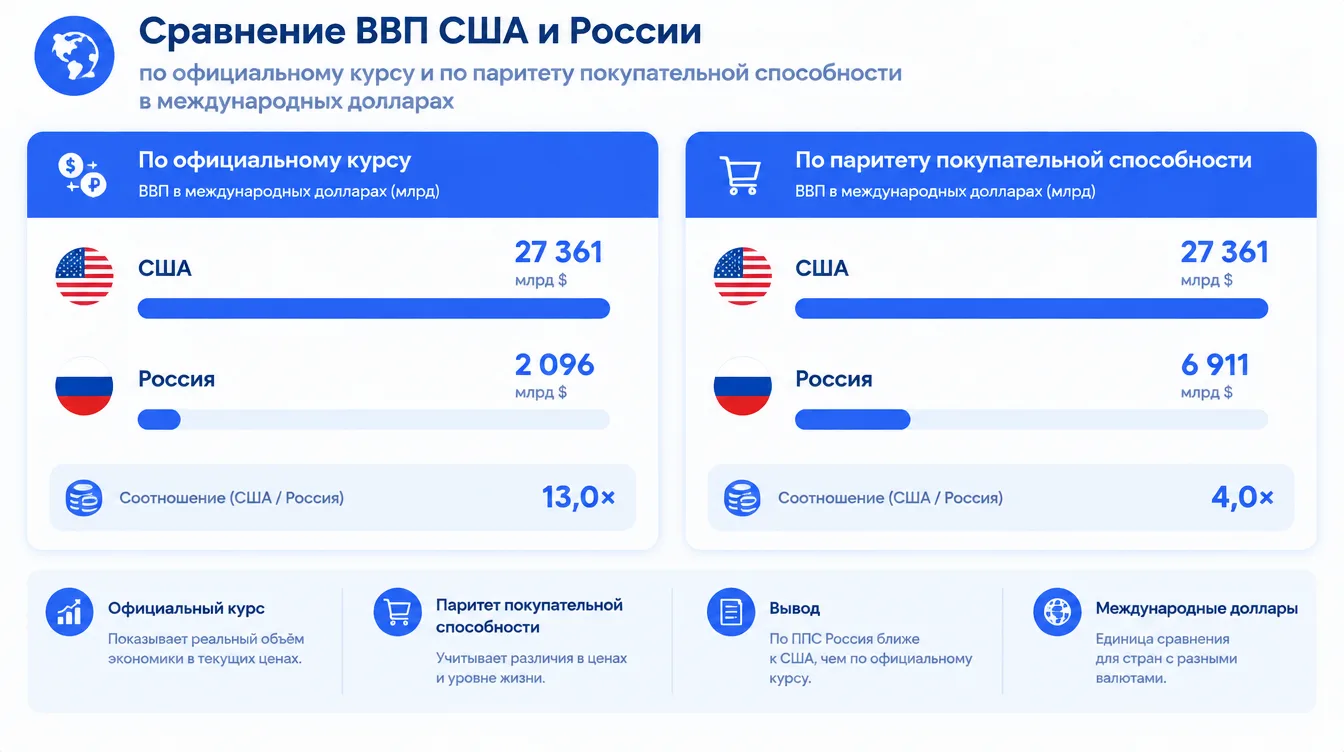 Диаграмма: сравнение ВВП США и России по официальному курсу и по паритету покупательной способности в международных долларах
