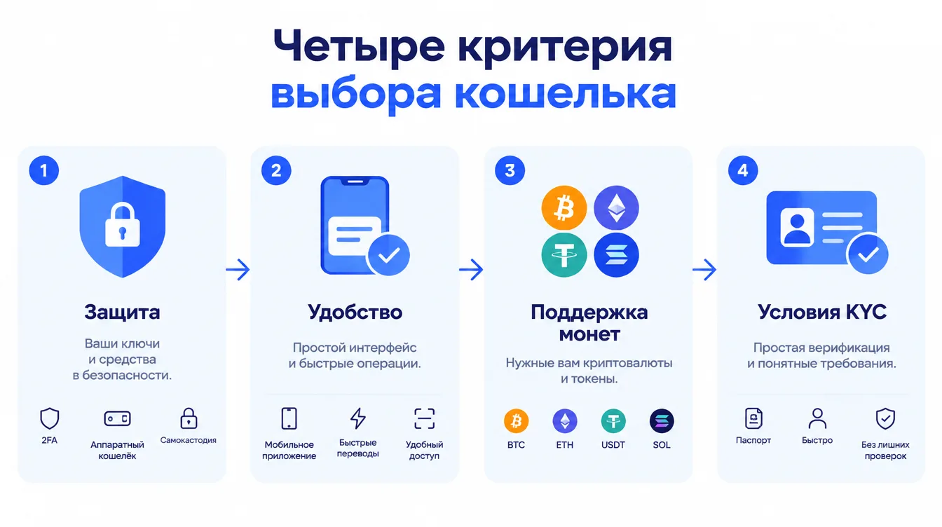 Схема: четыре критерия выбора кошелька — защита, удобство, поддержка монет, условия KYC