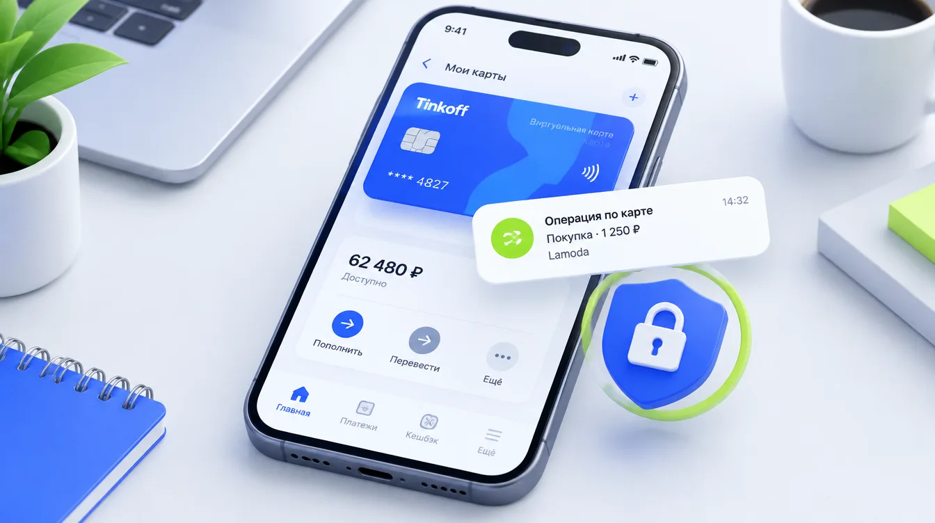 Иллюстрация: смартфон с виртуальной картой, уведомлением об операции и значком замка