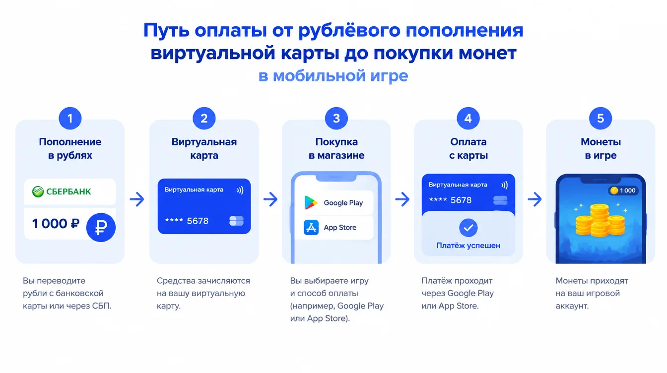 Схема: путь оплаты от рублёвого пополнения виртуальной карты до покупки монет в мобильной игре