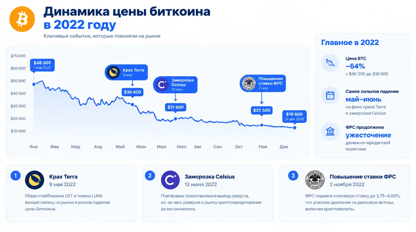 График: динамика цены биткоина в 2022 году с отмеченными событиями — крах Terra, заморозка Celsius, повышение ставки ФРС