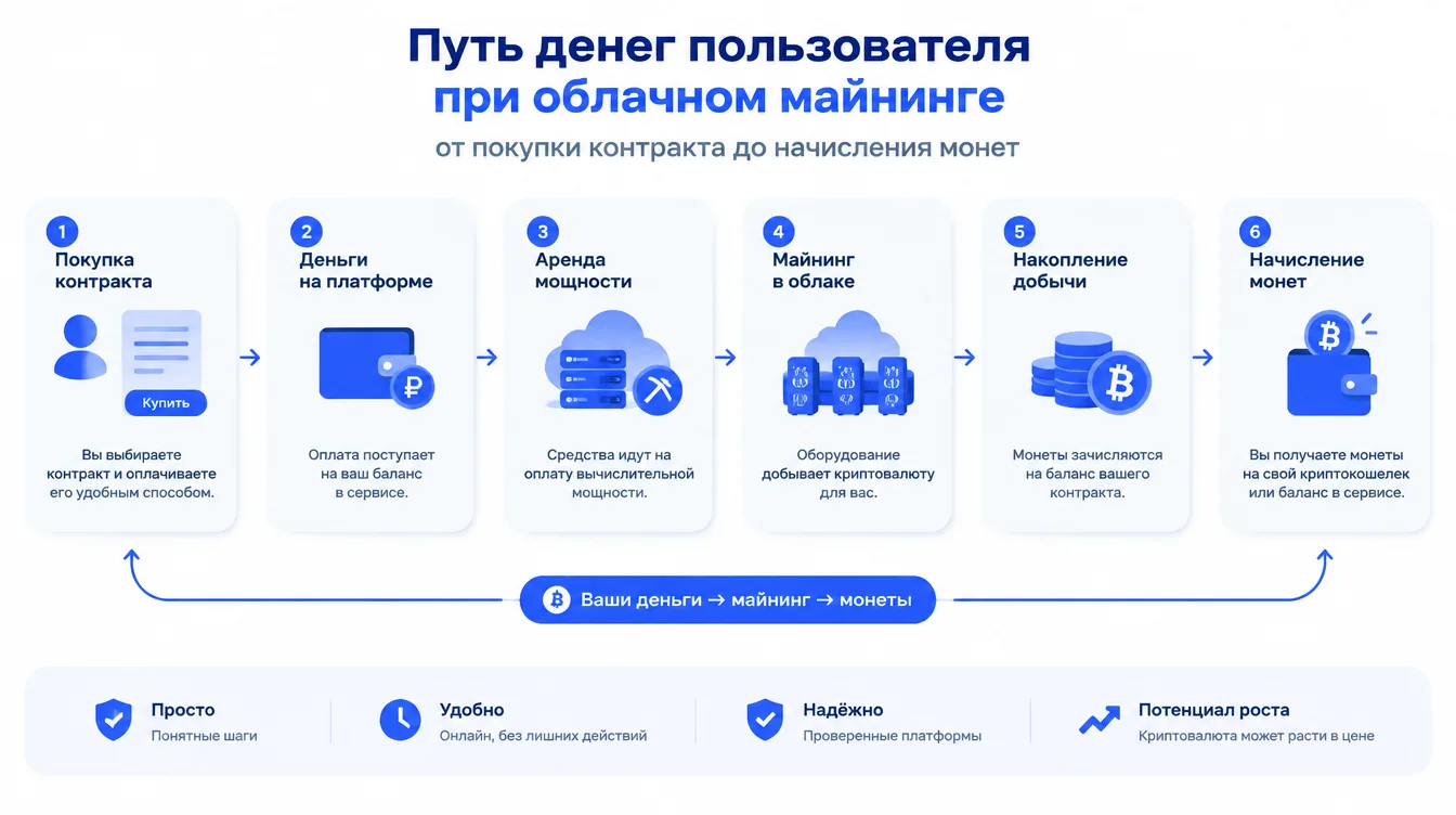 Схема: путь денег пользователя при облачном майнинге от покупки контракта до начисления монет