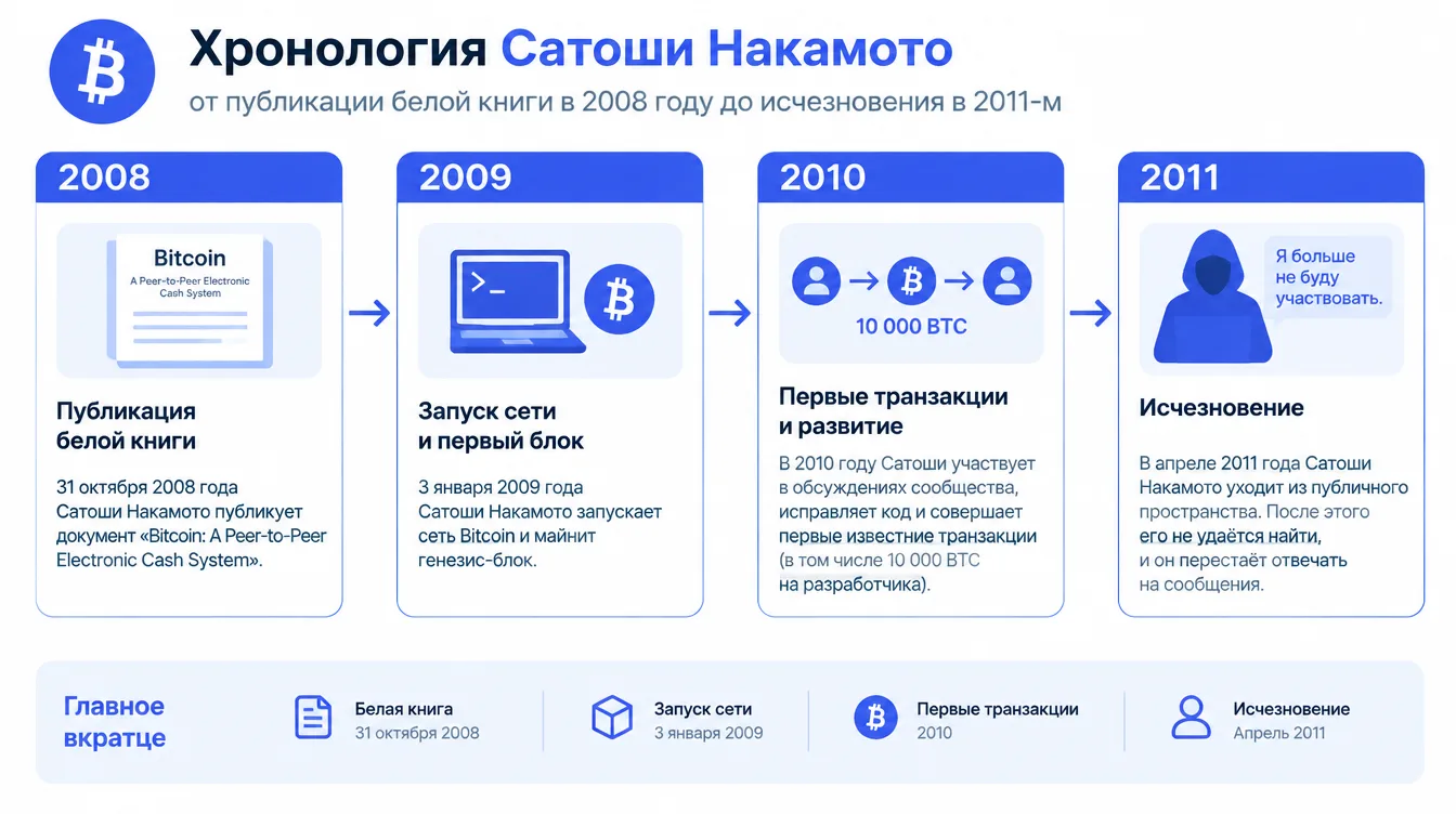 Схема: хронология Сатоши Накамото от публикации белой книги в 2008 году до исчезновения в 2011-м