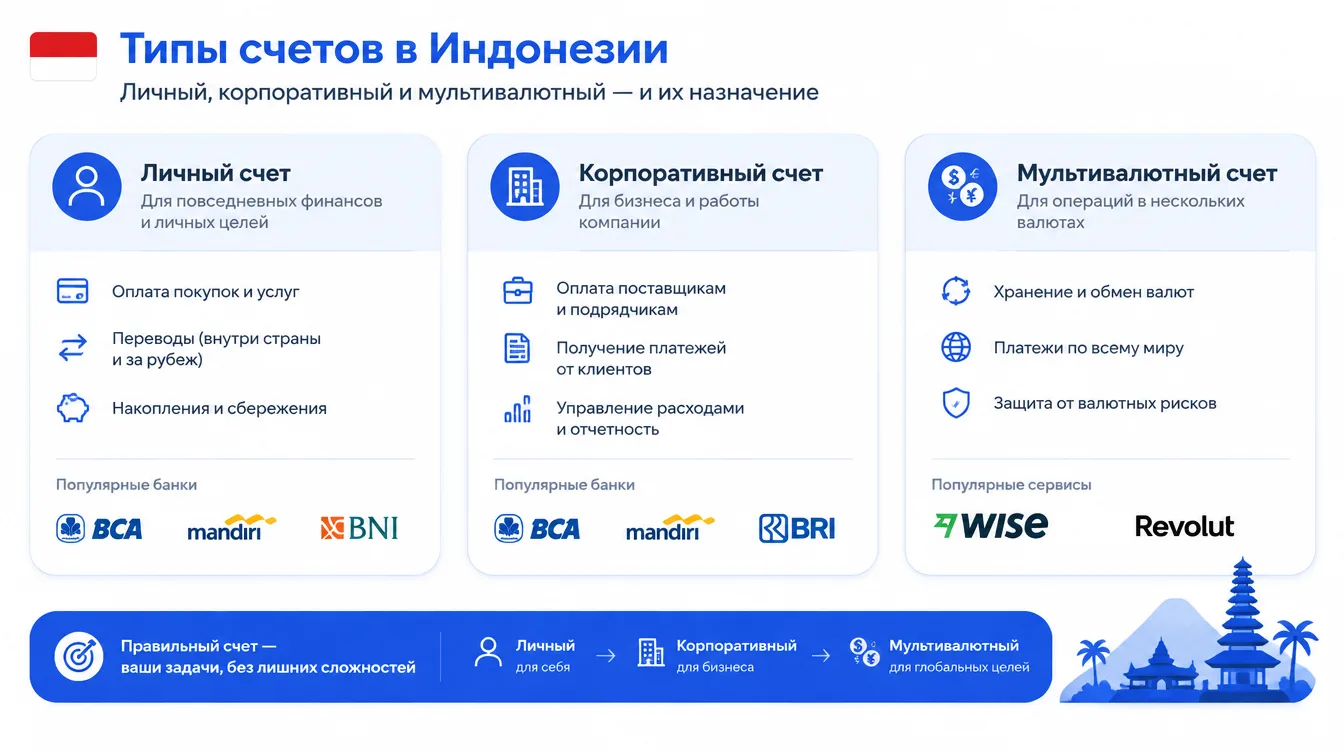 Схема: типы счетов в Индонезии — личный, корпоративный и мультивалютный — и их назначение