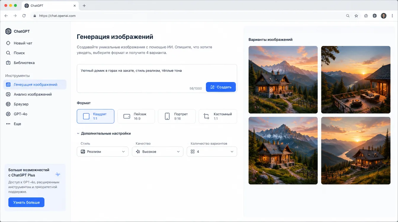 Скриншот: интерфейс генератора изображений с полем для промта, выбором формата и сеткой из четырёх вариантов