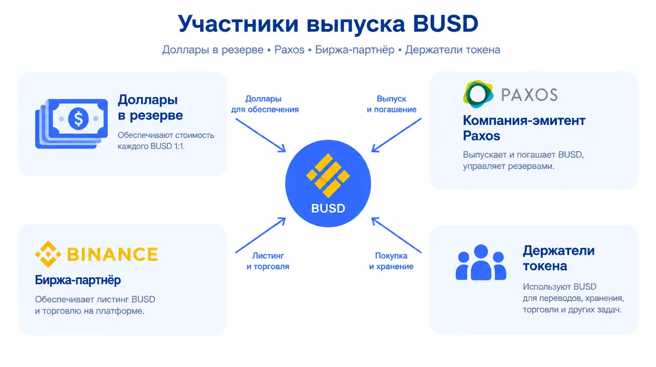 Схема: участники выпуска BUSD — доллары в резерве, компания-эмитент Paxos, биржа-партнёр и держатели токена