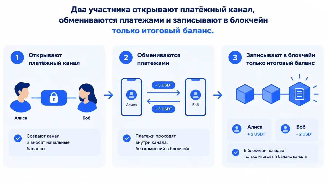 Схема: два участника открывают платёжный канал, обмениваются платежами и записывают в блокчейн только итоговый баланс