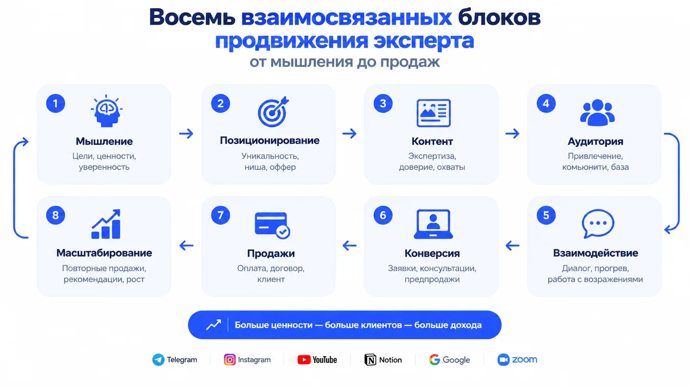 Схема: восемь взаимосвязанных блоков продвижения эксперта от мышления до продаж