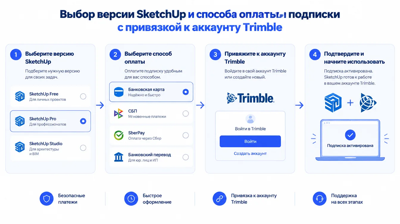 Схема: выбор версии SketchUp и способа оплаты подписки с привязкой к аккаунту Trimble