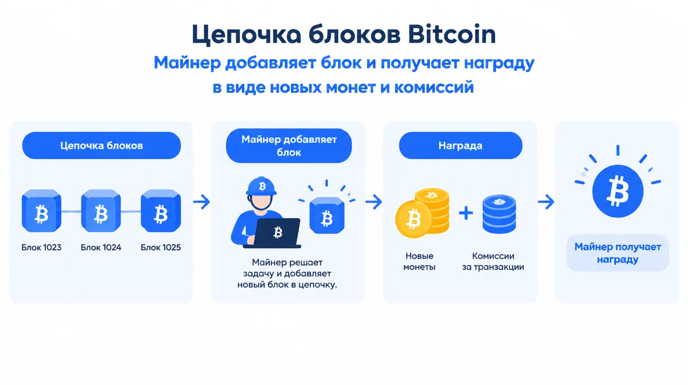 Схема: цепочка блоков Bitcoin, майнер добавляет блок и получает награду в виде новых монет и комиссий