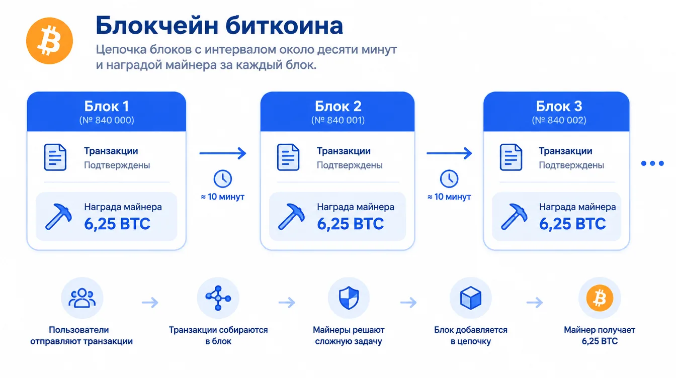 Схема: цепочка блоков биткоина с интервалом около десяти минут и наградой майнера за каждый блок