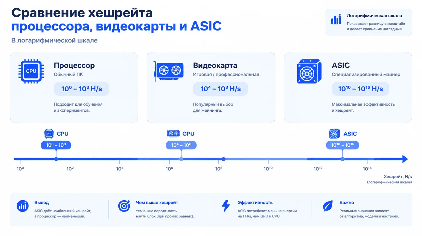 Диаграмма: сравнение хешрейта процессора, видеокарты и ASIC в логарифмической шкале