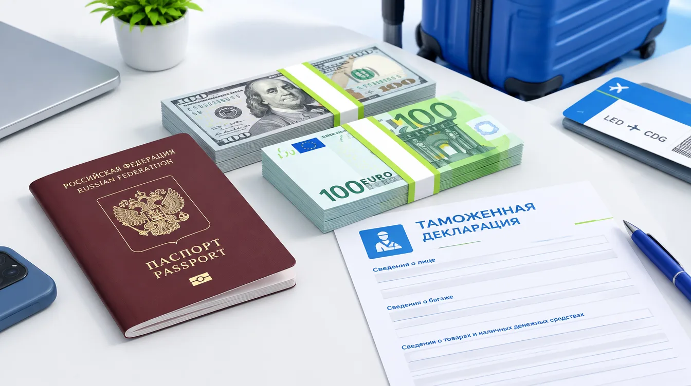 Фото: паспорт, пачка наличных купюр и бланк таможенной декларации на столе перед поездкой