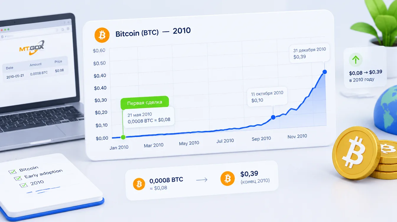 Иллюстрация: график цены Bitcoin в 2010 году — от долей цента до десятков центов, с отметкой первой сделки