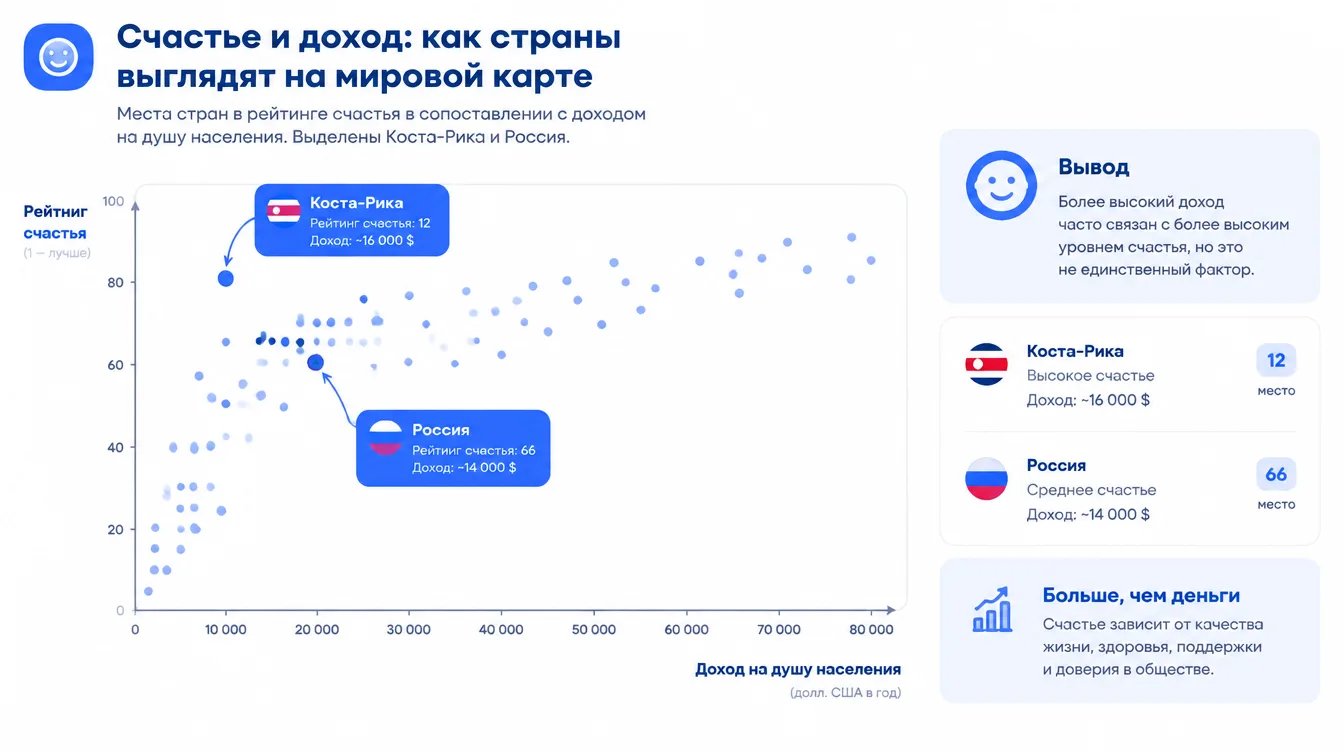 График: места стран в рейтинге счастья в сопоставлении с доходом на душу населения, с выделенными Коста-Рикой и Россией