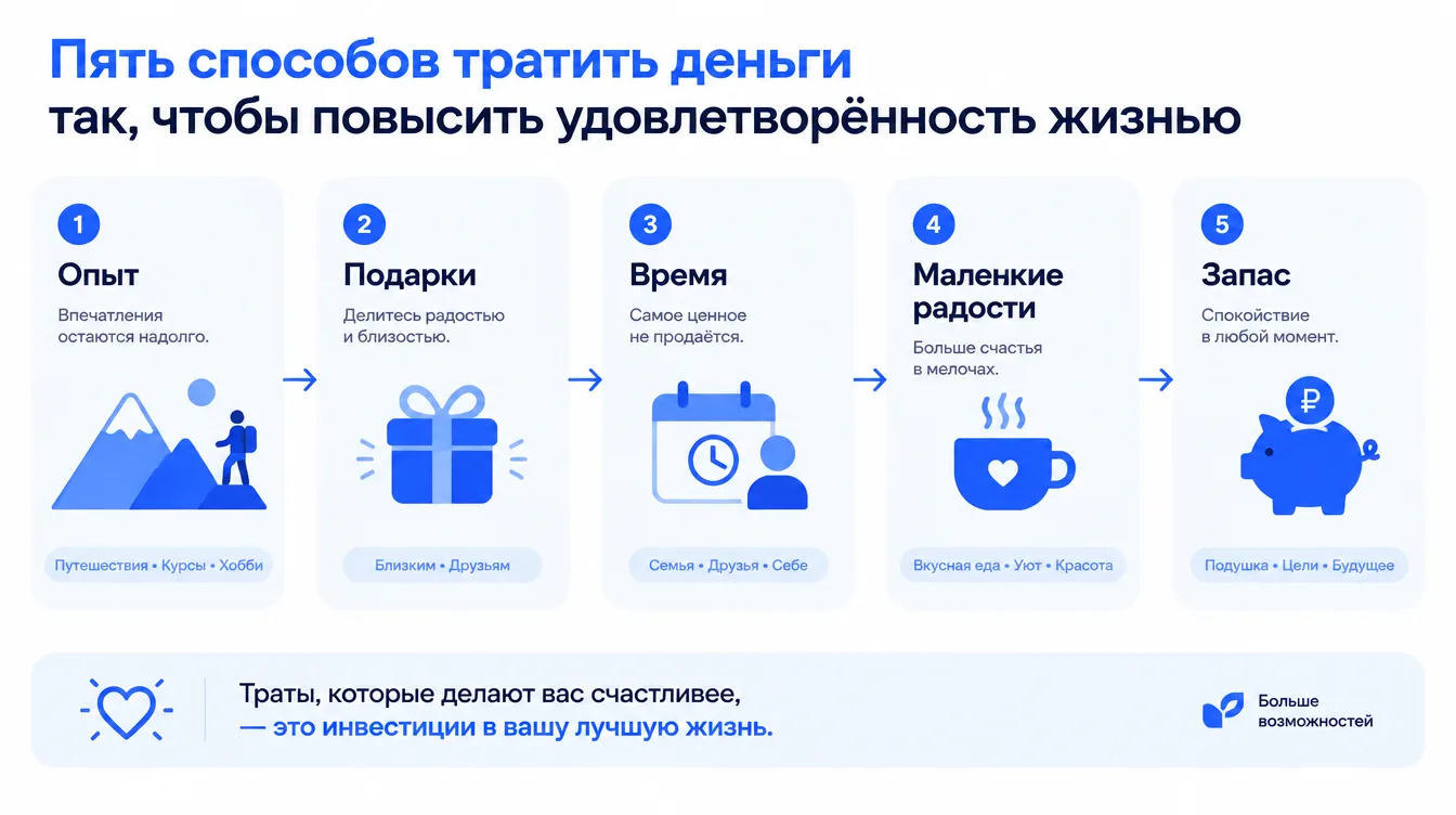 Инфографика: пять способов тратить деньги так, чтобы повысить удовлетворённость жизнью — опыт, подарки, время, маленькие радости, запас