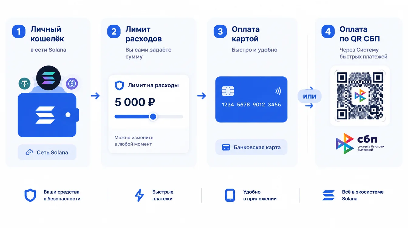 Схема: личный кошелёк в сети Solana, лимит расходов и два способа оплаты — карта и QR СБП