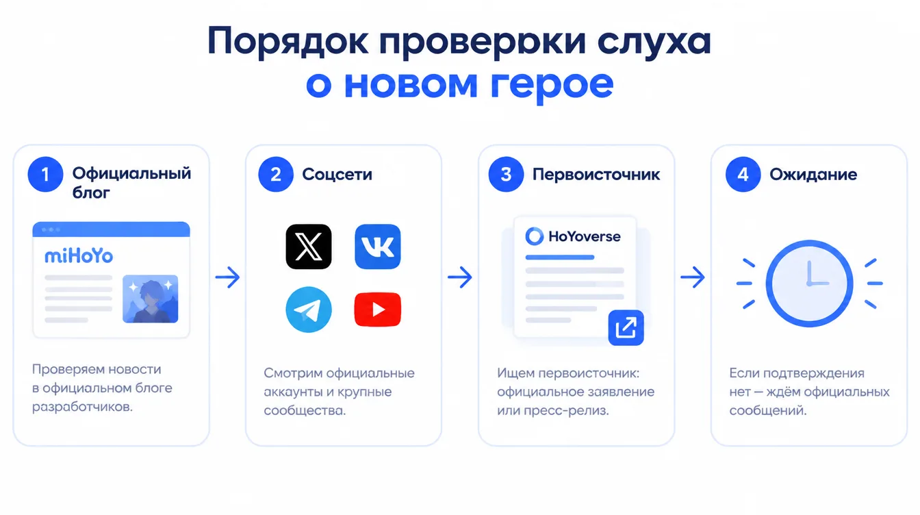 Схема: порядок проверки слуха о новом герое — официальный блог, соцсети, первоисточник, ожидание