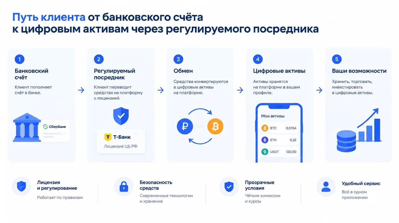 Схема: путь клиента от банковского счёта к цифровым активам через регулируемого посредника