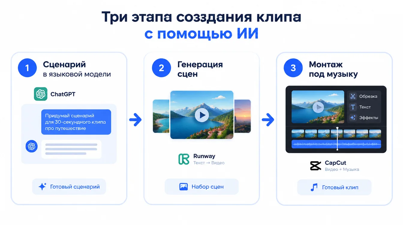 Схема: три этапа создания клипа с помощью ИИ — сценарий в языковой модели, генерация сцен, монтаж под музыку