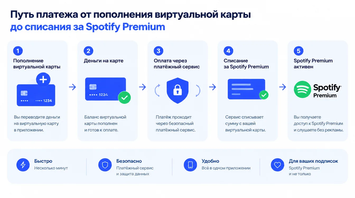 Схема: путь платежа от пополнения виртуальной карты до списания за Spotify Premium
