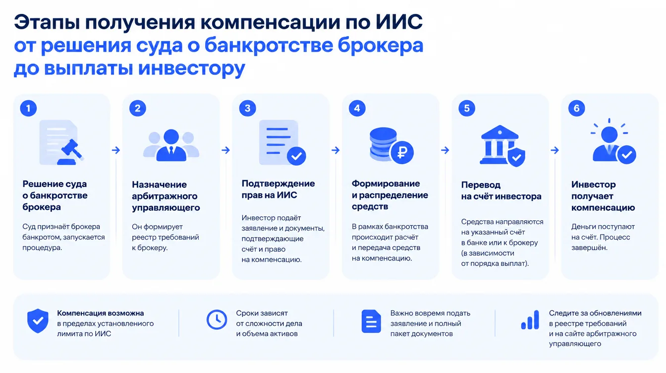 Схема: этапы получения компенсации по ИИС от решения суда о банкротстве брокера до выплаты инвестору