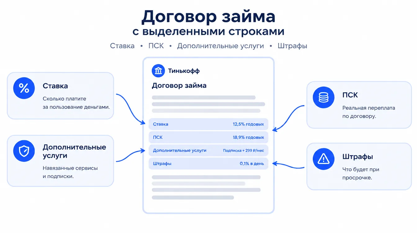 Схема: договор займа с выделенными строками — ставка, ПСК, дополнительные услуги, штрафы