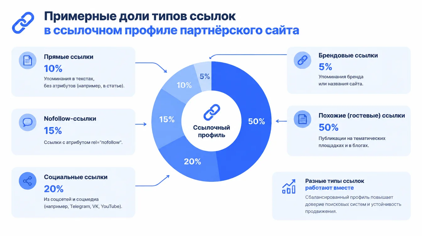 Круговая диаграмма: примерные доли типов ссылок в ссылочном профиле партнёрского сайта