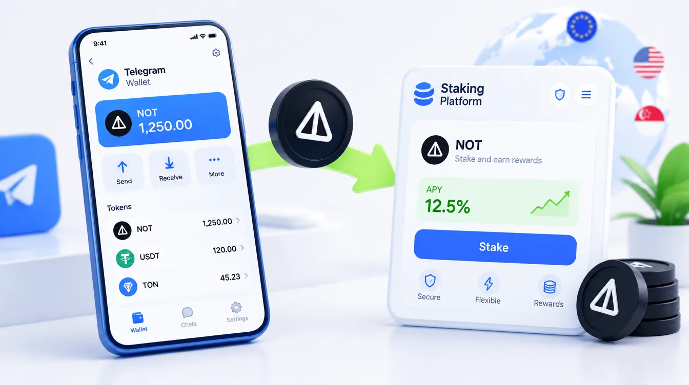 Иллюстрация: токен NOT в кошельке Telegram и стрелка в сторону стейкинг-платформы