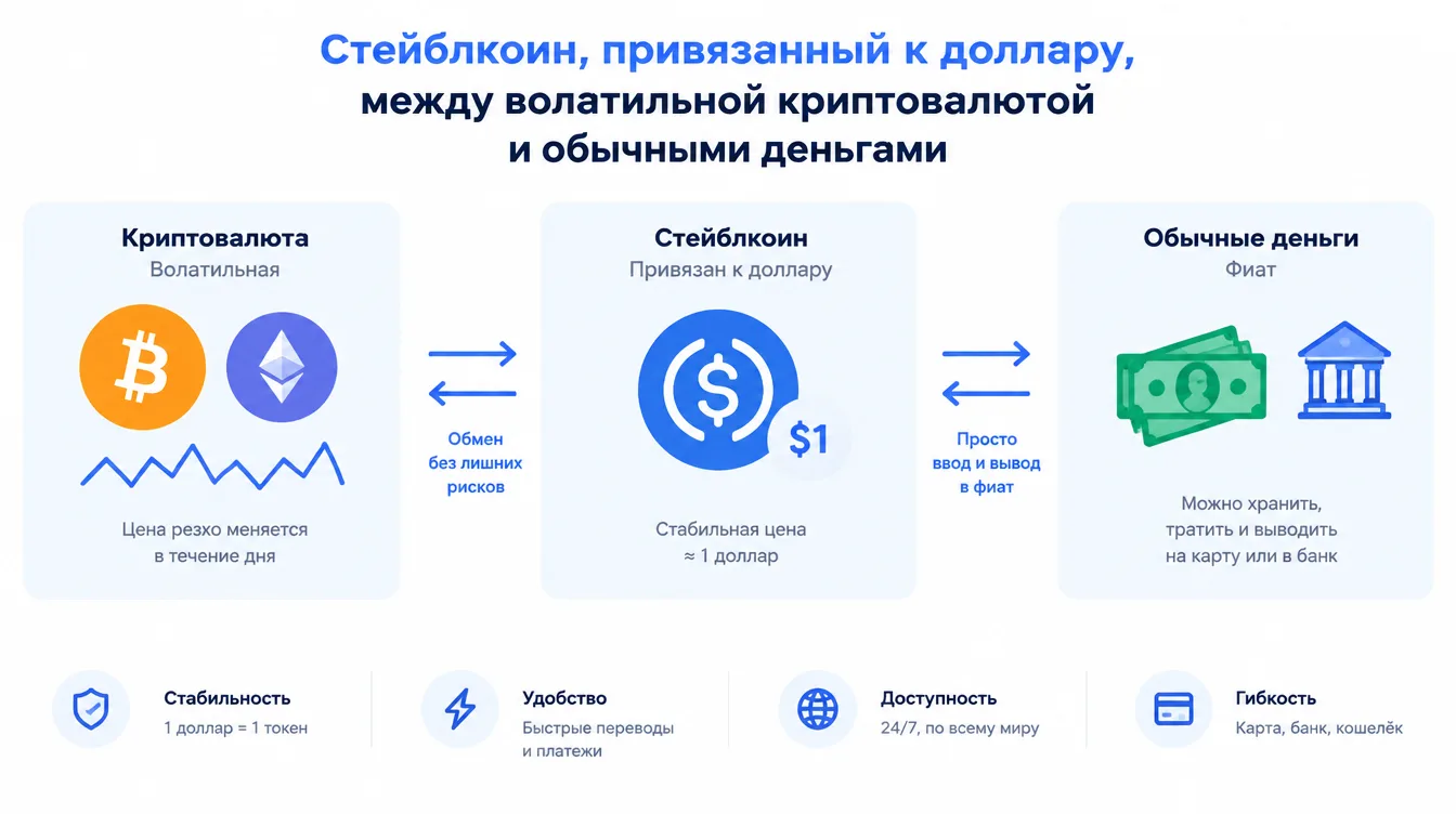 Схема: стейблкоин, привязанный к доллару, между волатильной криптовалютой и обычными деньгами